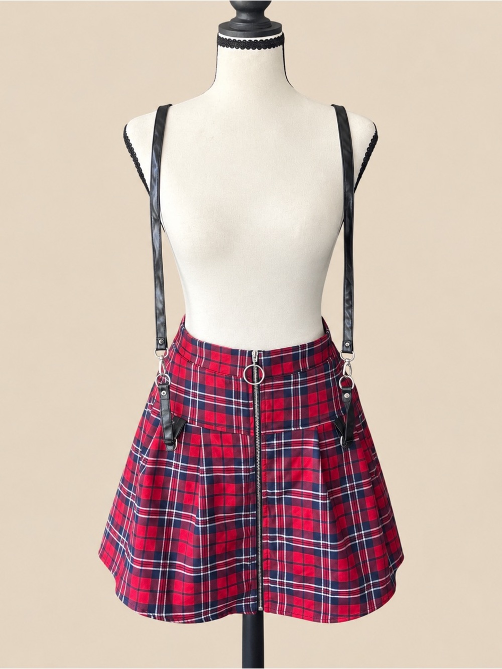 GOTH PUNK GRUNGE Red Plaid Suspender Pleated Cotton Mini Skirt O-Ring Zipper M